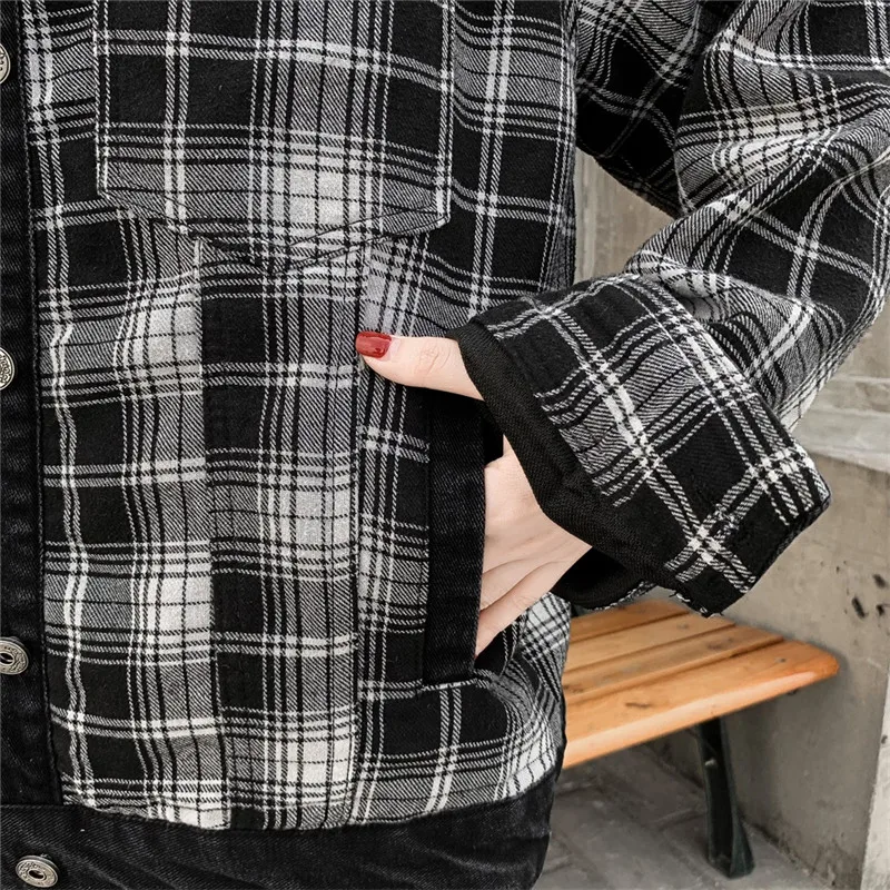 

2020 Autumn Black Loose Denim Jacket Harajuku Bomber Jacket Streetwear Plaid Black Jeans Jacket Women Letter Printed Jacket P504