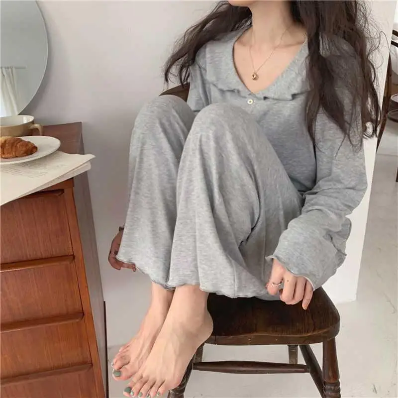 Pajamas Women's Spring Autumn Simple Long Sleeve Korean Leisure Home Wear Lady Nightgown Thin Female Sleepwear Set Sleeping Wear