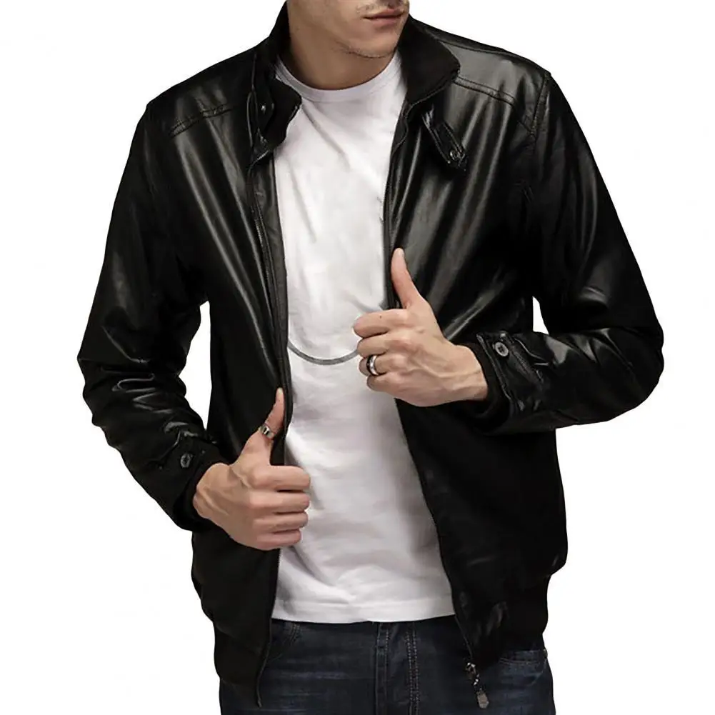 

Men Motorcycle Jacket Zipper Closure Stand Collar Men Jacket Faux Leather Solid Color Slim Motorcycle Jacket Men Outerwear 3XL