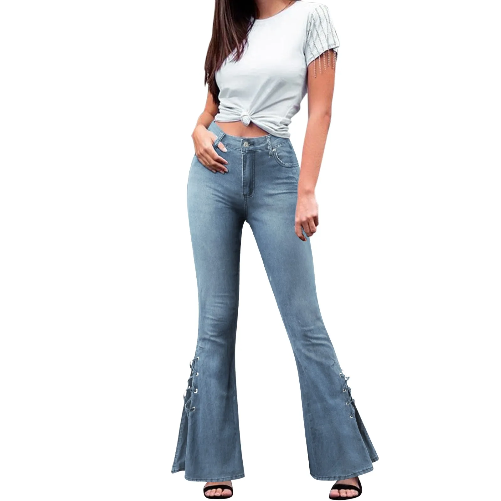 

Women Mid-waist Lace-up Denim Trousers Stretch Jeans Flared Pants Fashionable Design Elegant Jeans Ropa De Mujer Fast Shipping
