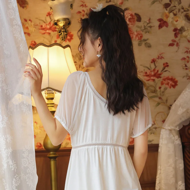 

Summer New Fashion Princess Style Retro V-neck White Pajama Dress for Women Sexy Lace and Mesh Patchwork Short Sleeve Long Robe