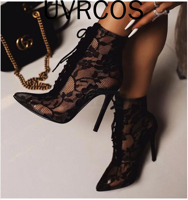 

Женские сетчатые ботинки, черные ботинки с цветочным принтом, на шнуровке, на тонком высоком каблуке, до щиколотки, с острым носком, для вече...