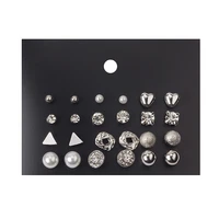 12 pairs of metal geometric earrings pearl zircon card ear nail set