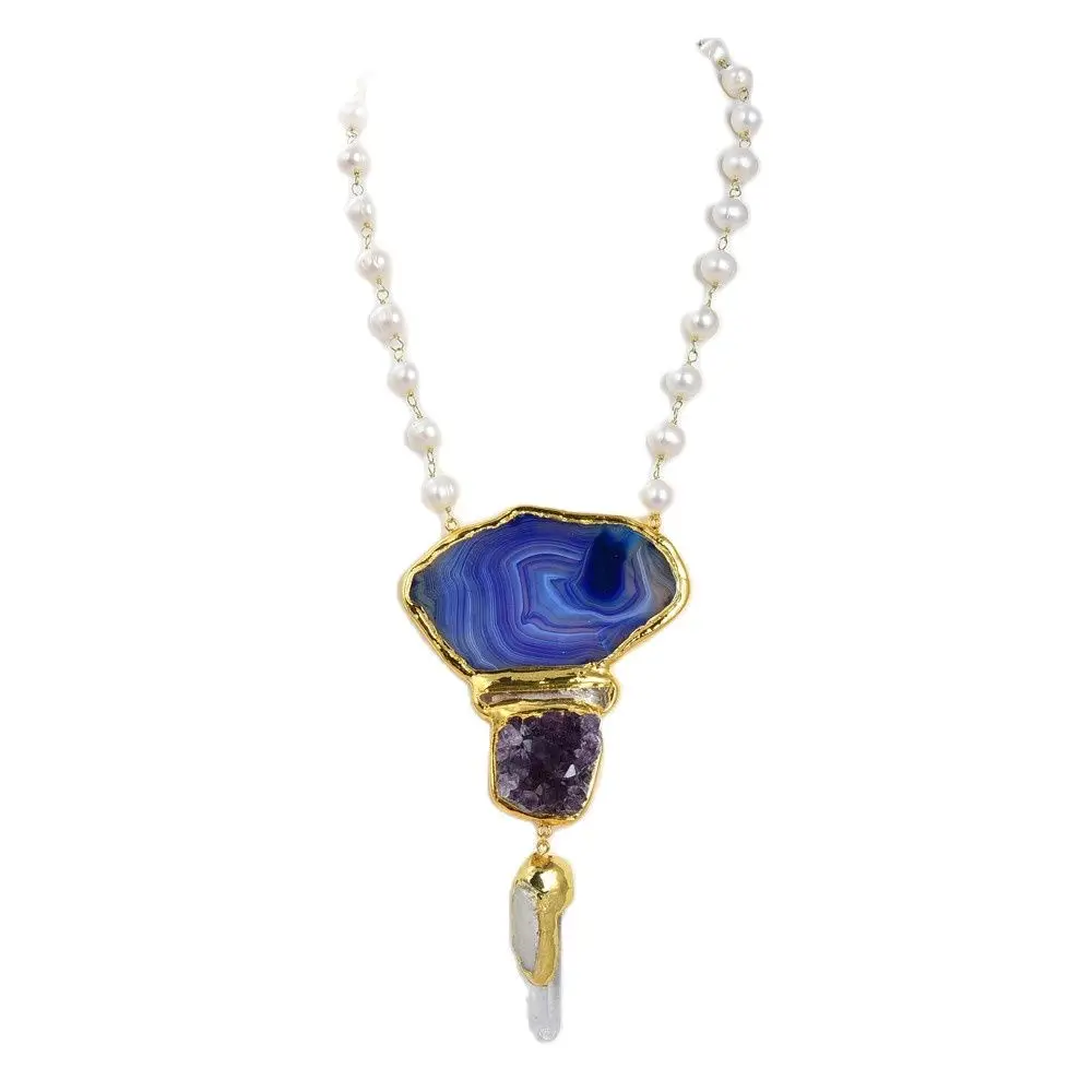 

GG Jewelry Natural White Pearl Rosary Chain Necklace Purple Agates Slice Amethysts Quartzs Point Pendant 20"