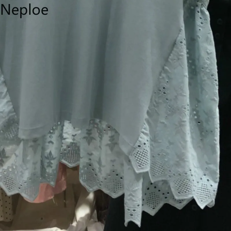 Neploe Ажурные кружевные лоскутные футболки Woomen новые с круглым вырезом и короткими