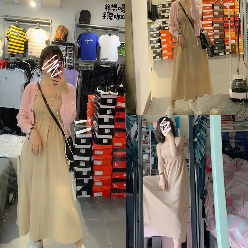 

Spring Summer Base Spaghett Strap Long Chiffon Dress Slash Neck Buttons Sexy & Sweet A-line Pleated Long Dress