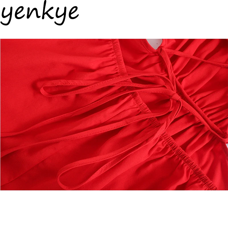 

YENKYE Fashion 2021 Women Sexy Hollow Out Red Dress Female O Neck Puff Sleeve A-line Summer Party Dresses Chic Midi Vestido