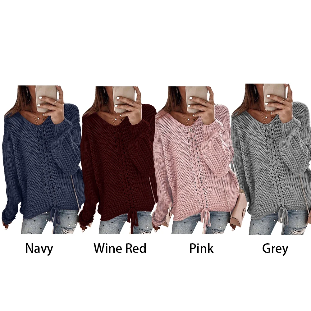 Warm Dating Drawstring Casual Long Sleeve Loose Soft Daily Women Sweater V Neck Solid Fall Travel Shopping | Женская одежда