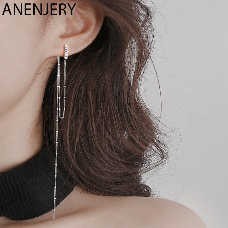 Женские асимметричные серьги ANENJERY 925 пробы сережки с длинной цепочкой и