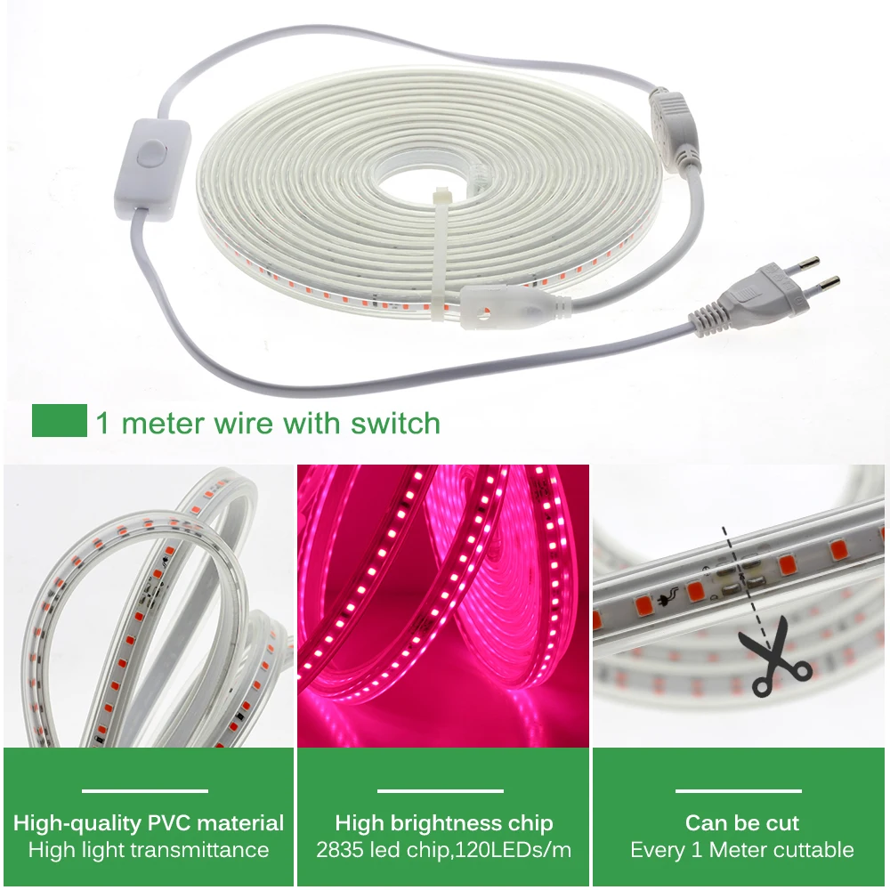 LED Grow Light 2835 Chip Waterproof Full Spectrum Strip 220V 120LEDs/M DIY Growth Lamps for Greenhouse Plant Growing | Лампы и