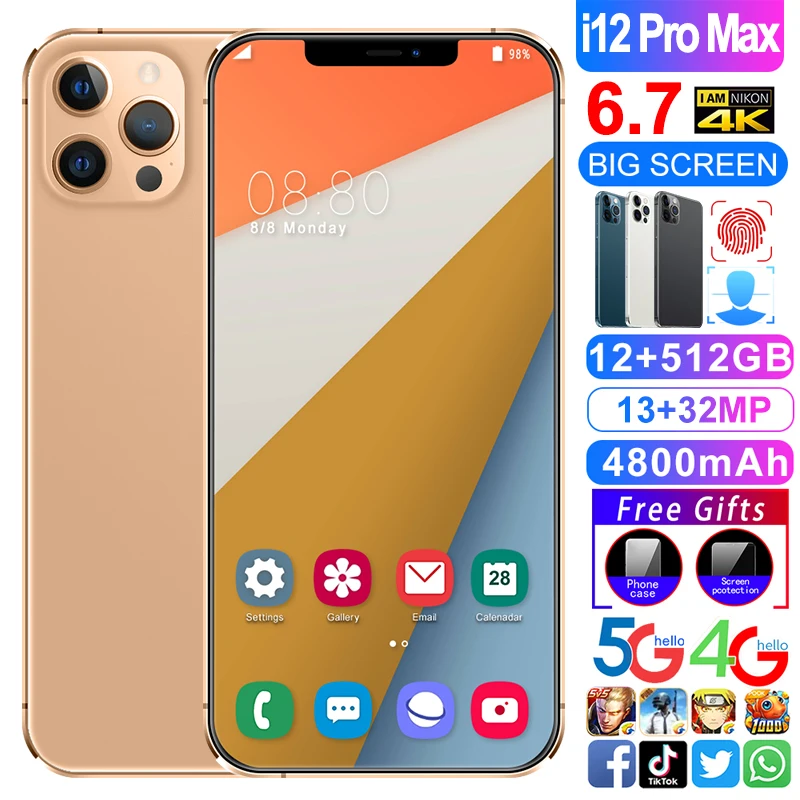 Tel&eacute;fono Inteligente I12 Pro max, versi&oacute;n Global, Dual SIM, Deca Core, 4800Mah, reconocimiento de huella dactilar, identificaci&oacute;n facial, 512GB + 12GB, 13 + 32MP-0