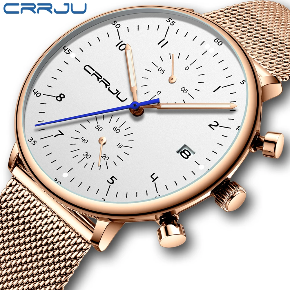 Мужские часы CRRJU Топ бренд нержавеющая сталь мужские с хронографом кварцевые