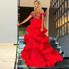 Элегантное красное платье с открытыми плечами, украшенное бисером, для вечевечерние в Саудовской Аравии, со шлейфом