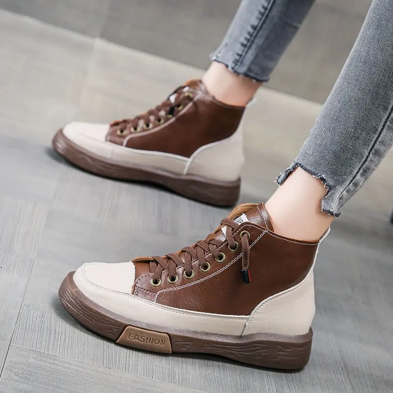 

Women's Leather Shoes 2022 Casual Sneakers Ladies Fashion Platform Lace-up Shoes Lightweight Comfortable Flat Casual Shoes 35-40