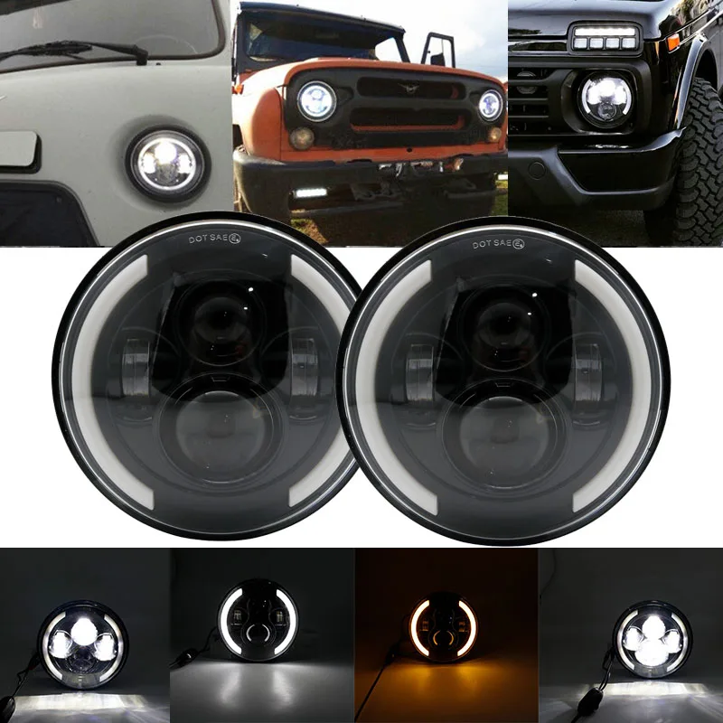 

Motorcycle 7inch Led Headlight Hi/Low H4 Halo Angle Eyes Led Headlamp 12V 24V For Lada Niva Urban Jeeps Wrangler Off Road 4x4