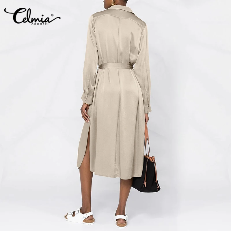 Celmia 2022 Summer Women Lightweight Belted Satin Midi Dress Casual Long Sleeve Shirt Dress Summer Elegant Lapel Slit Vestidos