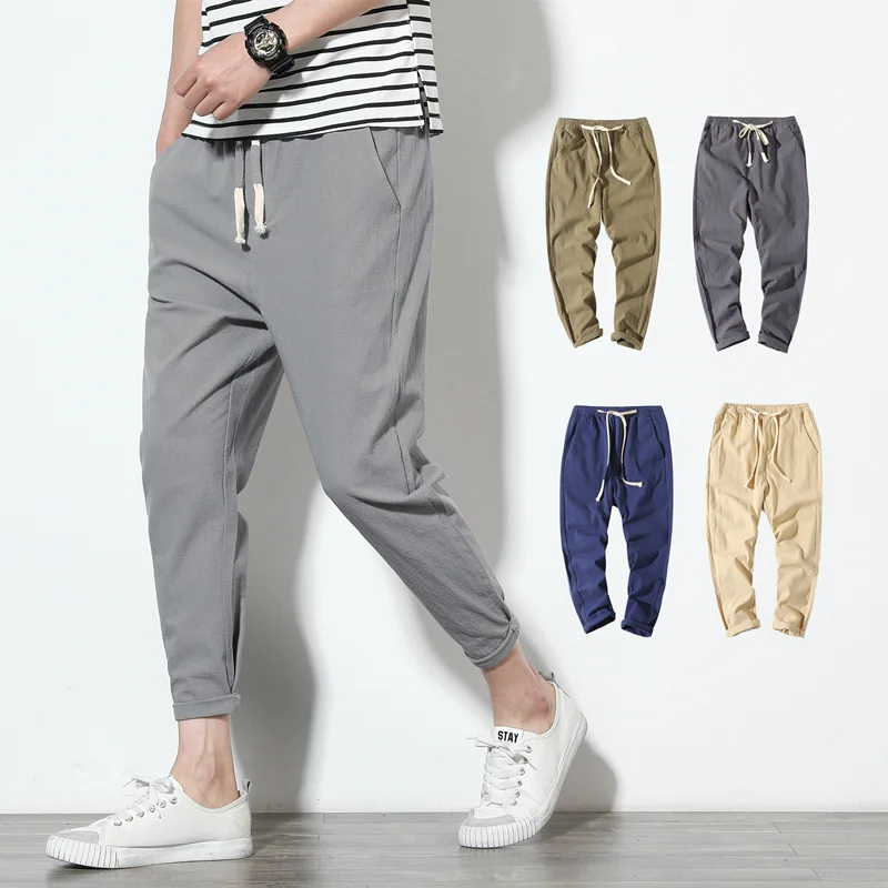

Cotton Linen Joggers Black man's's Harem Pants Solid Fitness Casual Ankle-Length man's Trousers Male Summer Streetwear Clothes