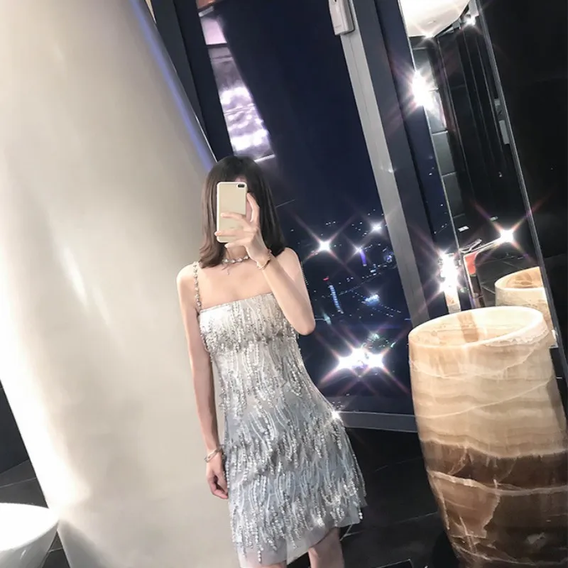 2020 Summer New Women Bling Crystal Tassel Party Dress Elegant Ladies Sexy Off Shoulder Pearls Strap Sleeveless Mini | Женская одежда