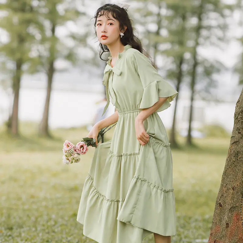 

French Style Vestidos Femininity Long Dresses Slim Elegant Bowknot Ruffles High Waist Flare Sleeve Spring Autumn Mori Girl Dress