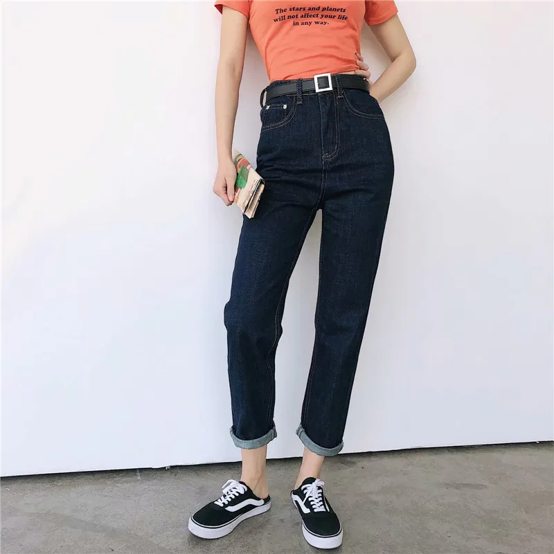 

2019 autumn and winter new retro high waist loose straight jeans women, street casual wild solid color slim jeans ladies