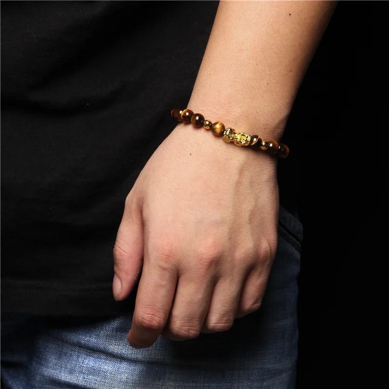 Newest Braided Bracelet Feng Shui Tiger Eye Stone Beads Bracelet Men Women Unisex Gold Color Pixiu Wealth Lucky Charm Jewelry images - 6