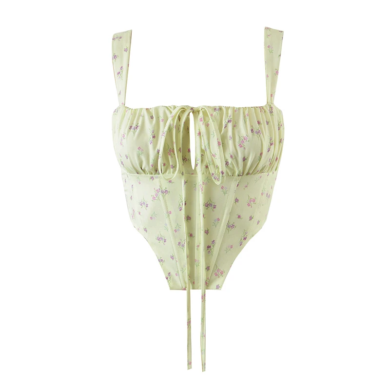 

French Prairie Chic Floral Print Keel Women 2021 New Slim Lace-Up Crop Top Folds Wrap Chest Sexy Halter Camisole Women Zipper