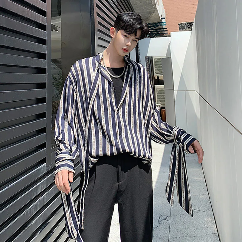 Мужские полосатые рубашки с длинным рукавом лентами Свободные повседневные