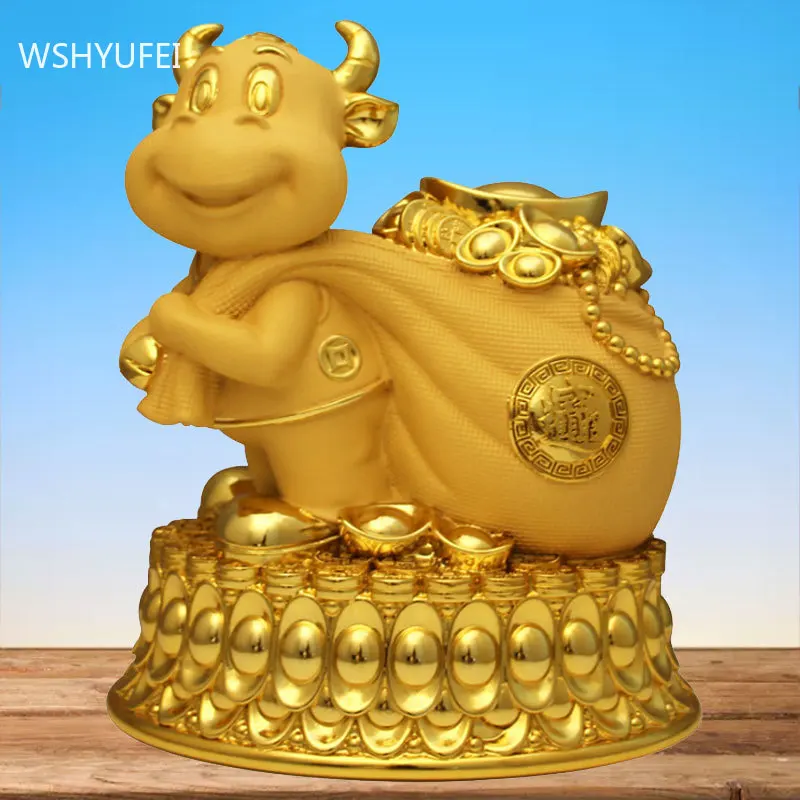

Home Golden Resin Cattle Sculpture Decoration Living Room Auspicious Ornaments Study Desktop Bogu Frame Piggy Bank Decor Crafts