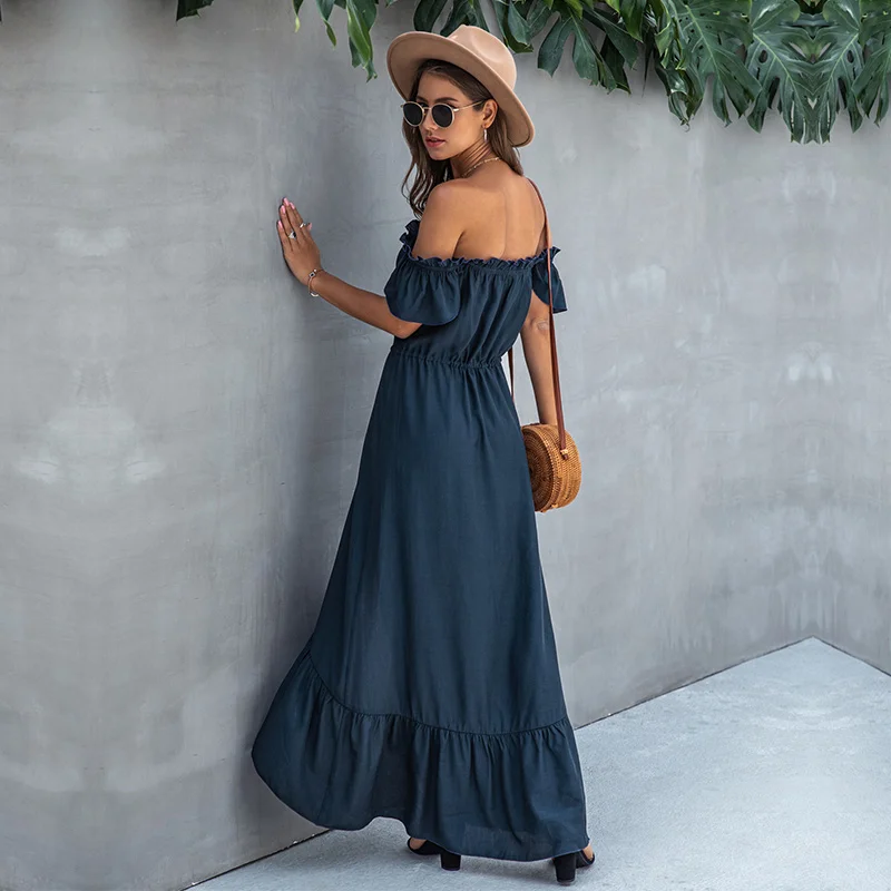 

Summer Solid Off The Shoulder Dress Women Casual Slash Neck Short Single Breasted Irregular Dress Ruffles Boho Long Dresses 2021