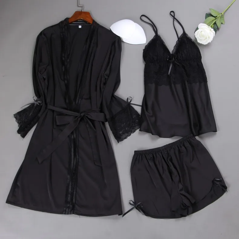 

Sleep Lounge Women Pajamas Sets with Chest Pad Summer Satin Sleepwear Women Casual Pyjama Femme Indoor Clothing 3 PC