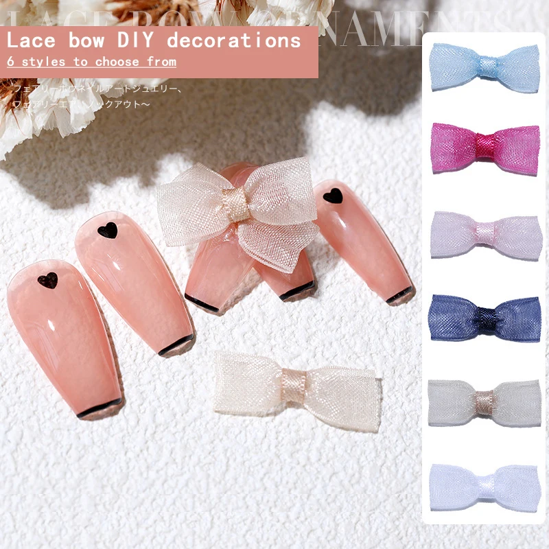 6 Styles Of bow Nail Art Accessories Lace Net Yarn 3D Bow Nail Decoration Pink Lace Bow DIY Phone Case Creative Decoration
