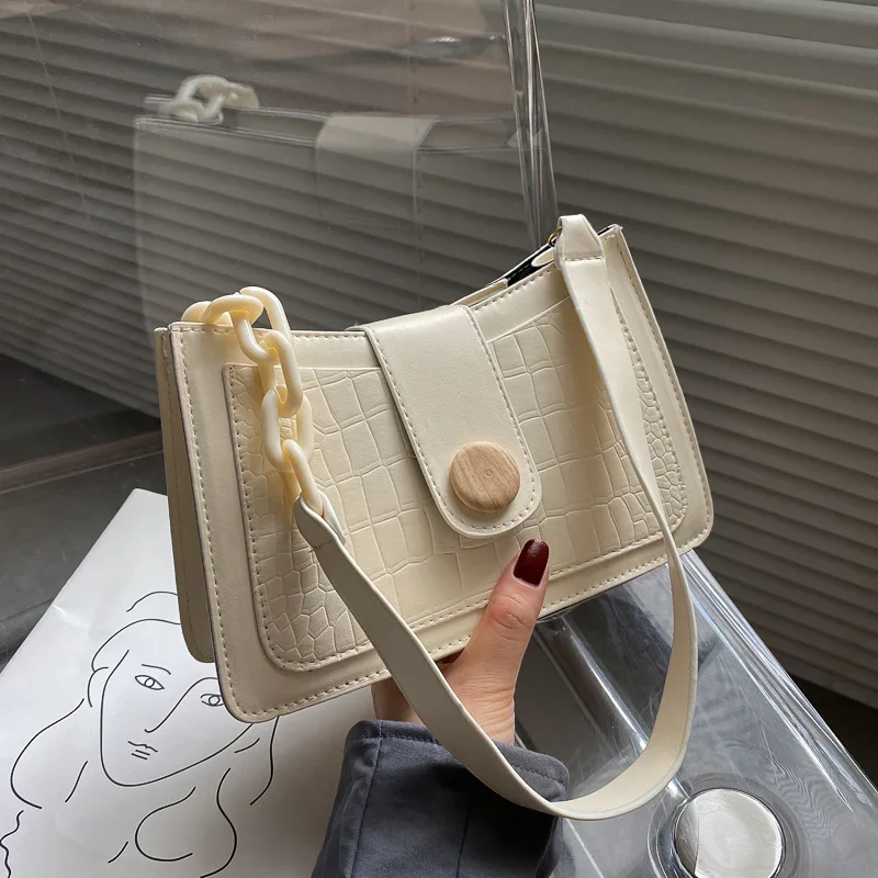 

Crocodile Pattern Baguette Handbag for Women 2020 Candy Color Chain Ladies Small Shoulder Bags Fashion Design Leather Armpit Bag