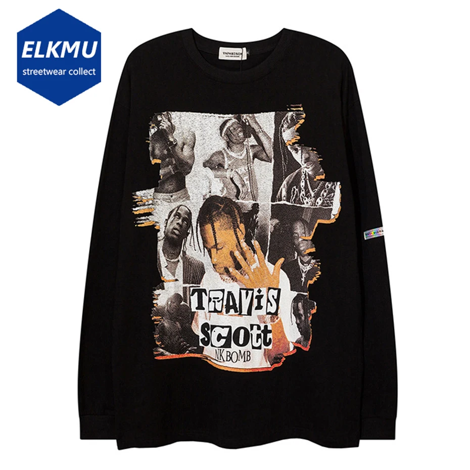 

Футболка мужская оверсайз в стиле Хай-стрит, модная уличная одежда с длинным рукавом, черная белая рубашка в стиле Харадзюку, Топ в стиле хип...