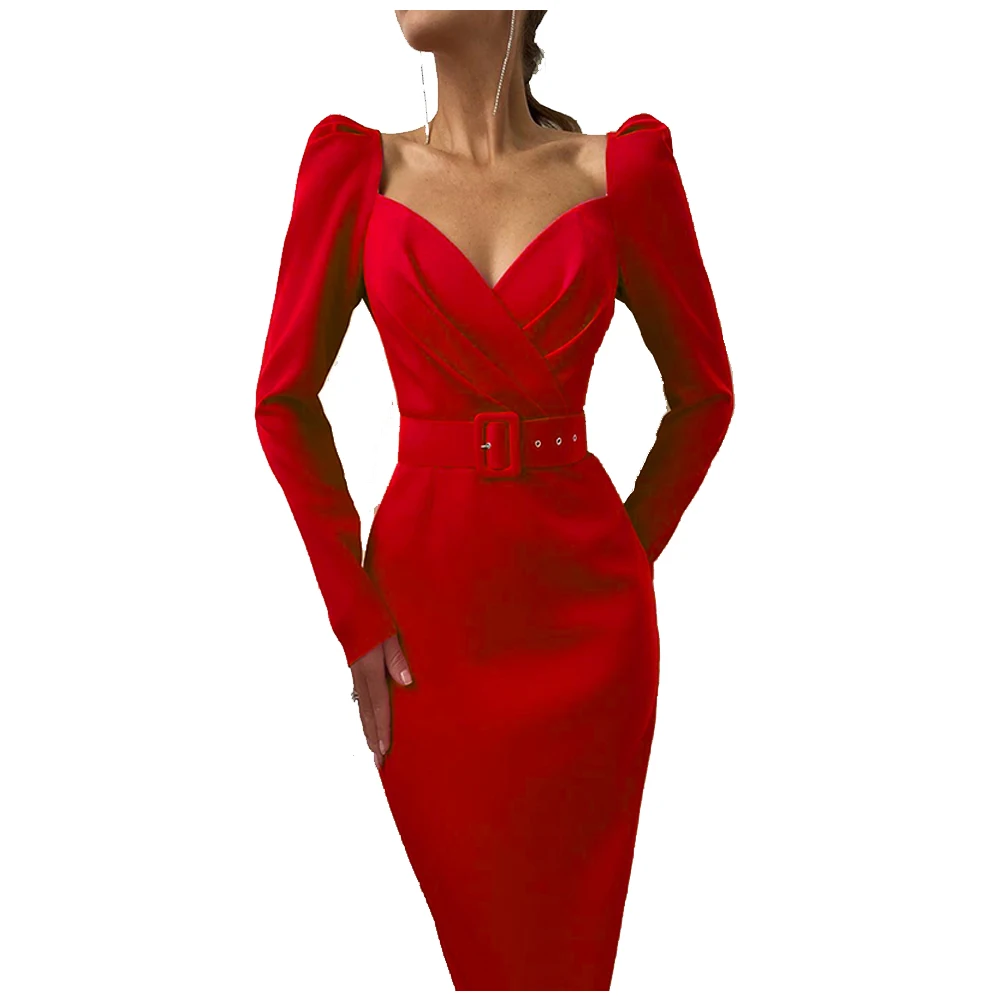 

Elegant Party Women Dress Slim V Neck Long Sleeve Mid Calf Pencil Vestido Casual Office Lady Solid Outfits Red FS1273