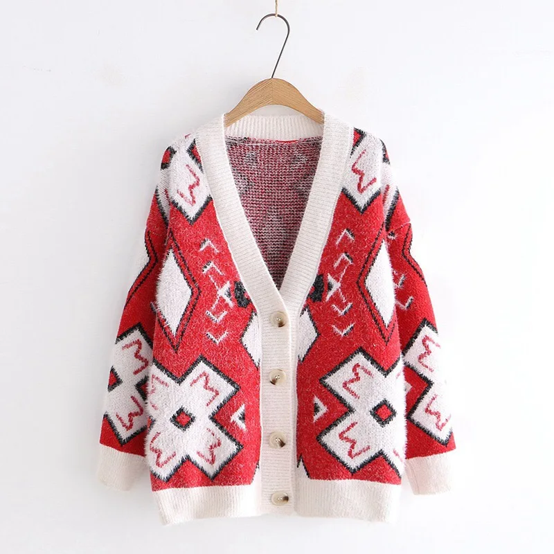 kawaii cute geometric pattern v-neck single breasted mohair sweet Cardigan sweater |