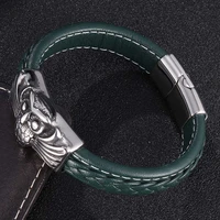 2020 punk men bracelet green leather stainless steel magnet buckle bracelet man owl punk jewelry gifts bb0916