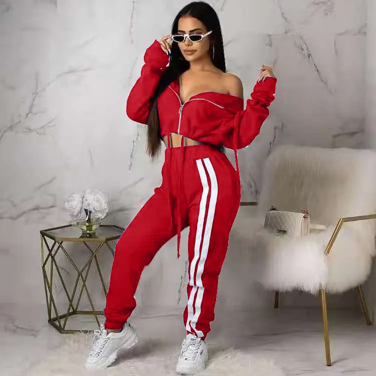 

Укороченный топ с капюшоном, спортивный костюм на молнии, Женский комплект из двух предметов, укороченный топ и брюки, спортивный костюм для...