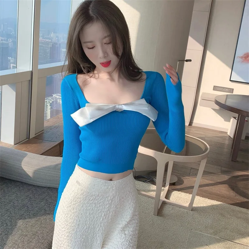 

KUSAHIKI Slim Sexy Deep Square Collar Women Knitwear Korean Bowknot Pullover Jumper 2021 New Long Sleeve Basic Knitted Top 6E308