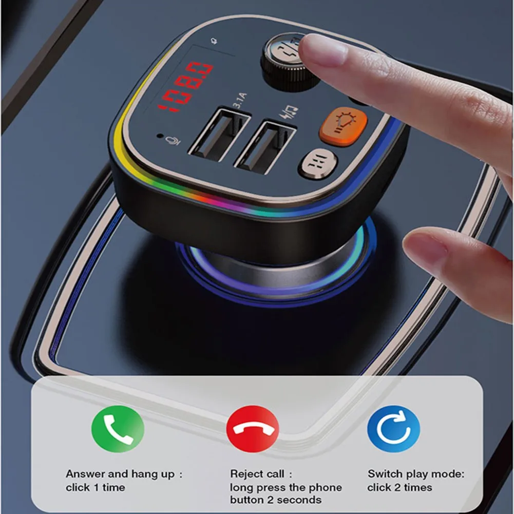 

Bluetooth 5.0+EDR Wireless Car FM Transmitter MP3 Player Radio 7 Colors LED Backlit Light 5V3.1A+5V1.0A 2 USB Charger Adapter