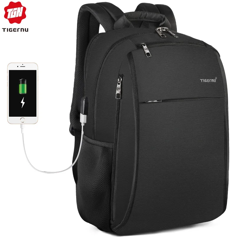 Black Grey Tigernu Противоугонная USB зарядка Мужчины 15.6 дюймовый ноутбук Рюкзак Женщины Рюкзак Школьный рюкзак Сумка Повседневная сумка для ноутбука - Цвет: Black Grey