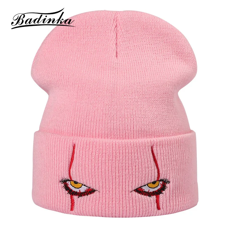 

2021 новая зимняя черно-белая розовая шапка бини Chapeau Femme Hiphop Eye вязанная шапка с вышивкой в виде черепа бини для женщин