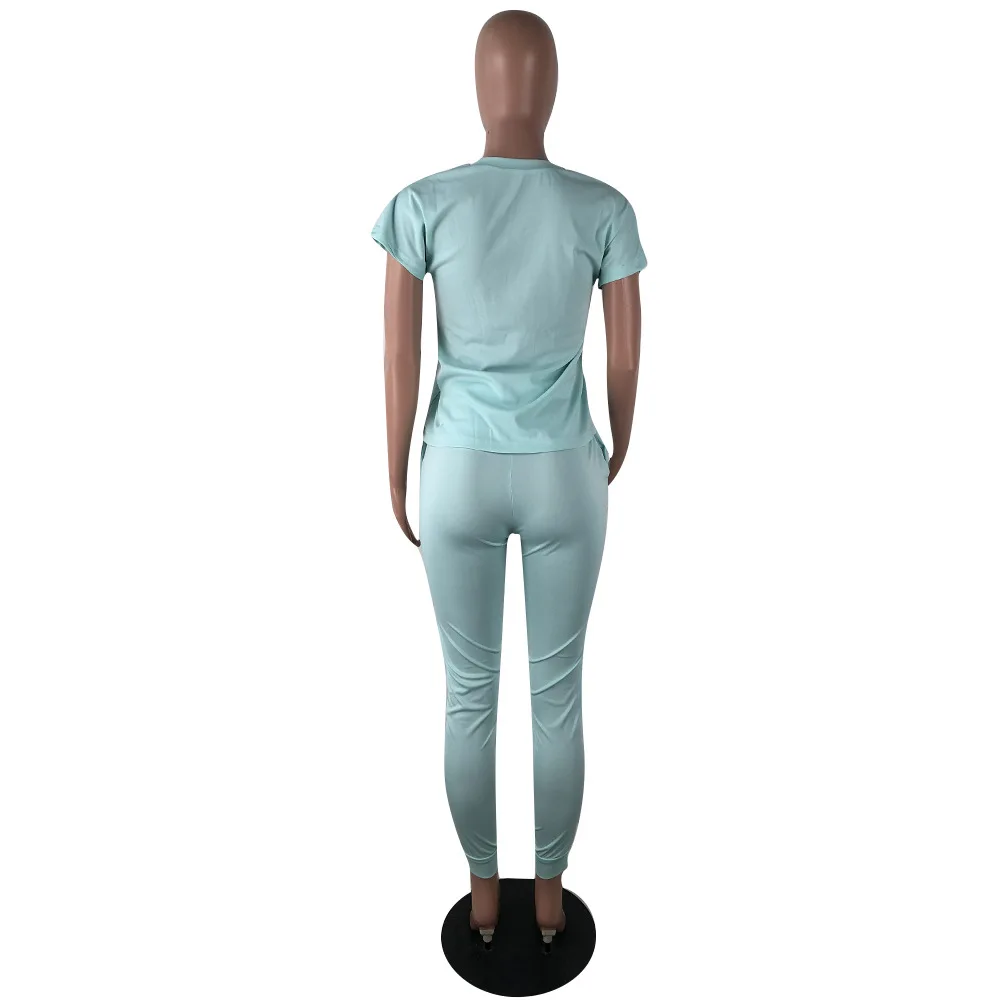 

Sequined Spliced Sportswear Two Piece Set Womens Outfits Round Neck Short Sleeve Bandage T Shirts + Skinny Trousers Matching Set