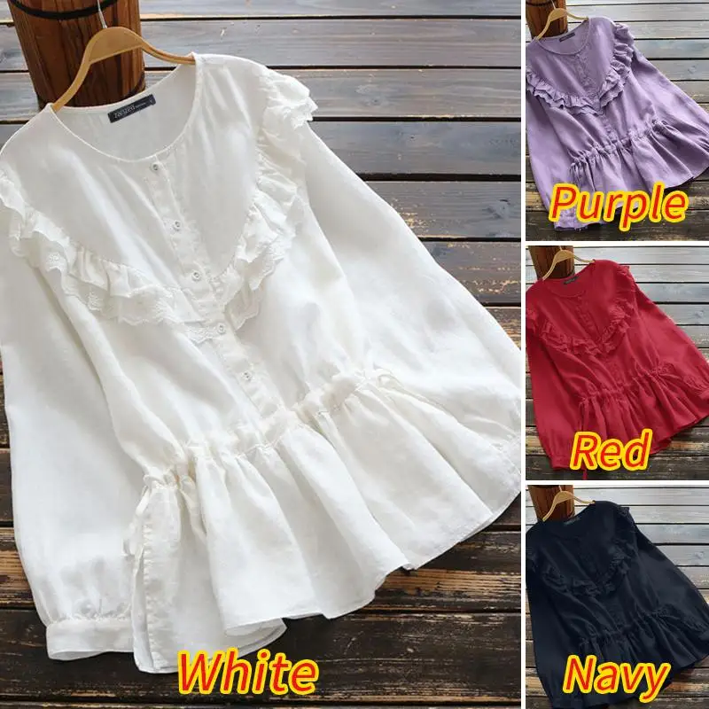 

ZANZEA Casual Long Sleeve Buttons Women Cotton Linen Blouse Spring Ruffles Shirt Blusas Elegant Lace Crochet Solid Tops Tunic