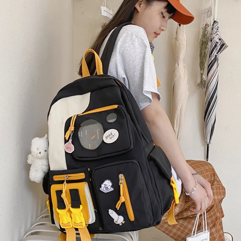 

2021 New Waterproof Nylon Backpack Women Multi-pocket Book Bags Cute Schoolbag for Girl's Transparent Pocket Travel Mochilas