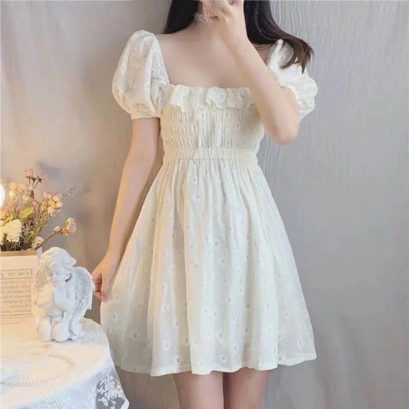 

QWEEK Floral Dress Flower Ruffle Women Summer Puff Sleeve Mini Dress Square Collar eleagant Casual Princess Fairy Soft 2021