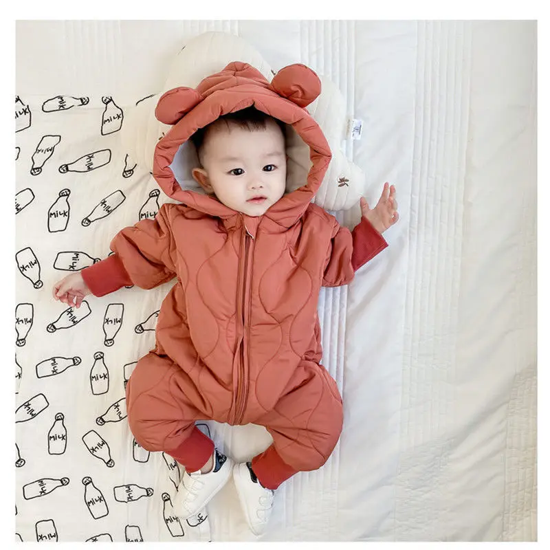 

0-2 Years Old Baby Winter Thickening One-piece Modern Simplicity Solid Color Newborn Warm Clothes Long-sleeve Quilting Romper