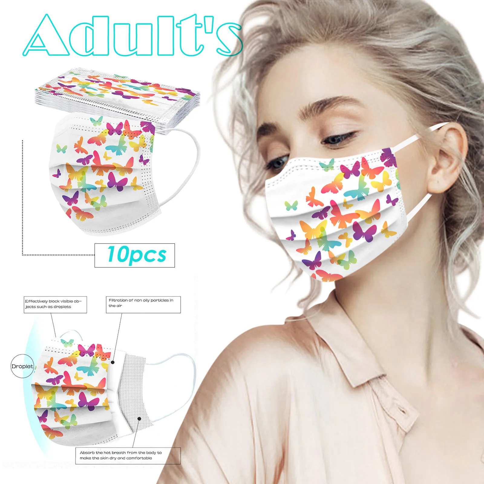 

10pc Butterfly Print Breathable Mask Adults Disposable Facemask Maseczka Halloween Cosplay Mascarillas Desechables Маска Masque