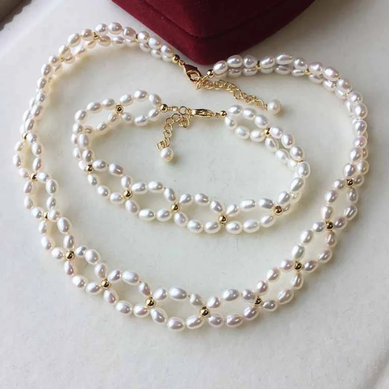 

14K Gold Natural Freshwater Pearl Woven Necklace Bracelet Set Wedding Charming Luxury Handmade Jewelry for Women Gift New