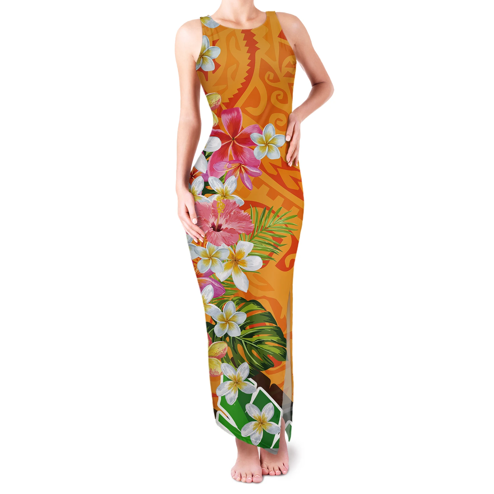 

Polynesian Tradition Tribe Hibiscus Frangipani Print Long Dress Sexy Ladies O-Neck Sleeveless Girdles Sexy Beach Party Dress