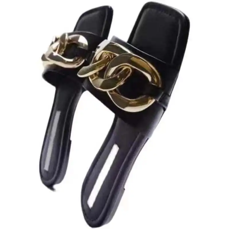 

2021 Summer New Women's Slippers White Square Toe with Chain ACTS Flat Slippers Temperament Leisure Sandals Slides Sandals